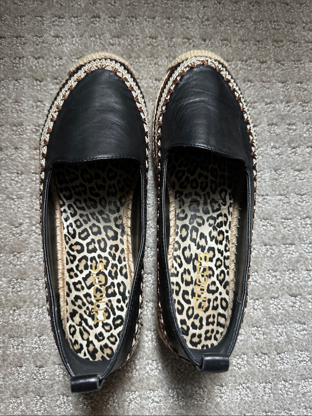 Chico’s Giada Deco Black Slip-On Espadrille Flats Crocheted with Leopard-Insole